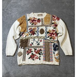 Vintage Crystal Kobe 90's Heavy Knit Grandma Floral Sweater Large